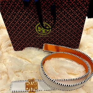 Tory Burch Gold and White Leather Belt